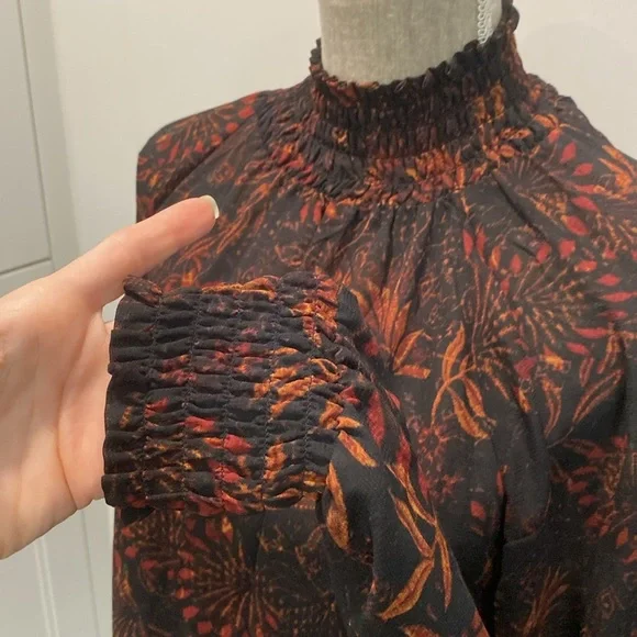 H&M Black & Orange Floral Long Sleeve Blouse Women’s Size 6 Boho Fall Top - Picture 3 of 12